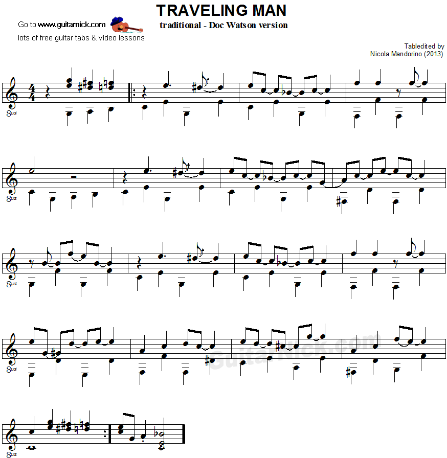 Traveling Man - fingerpicking guitar sheet music