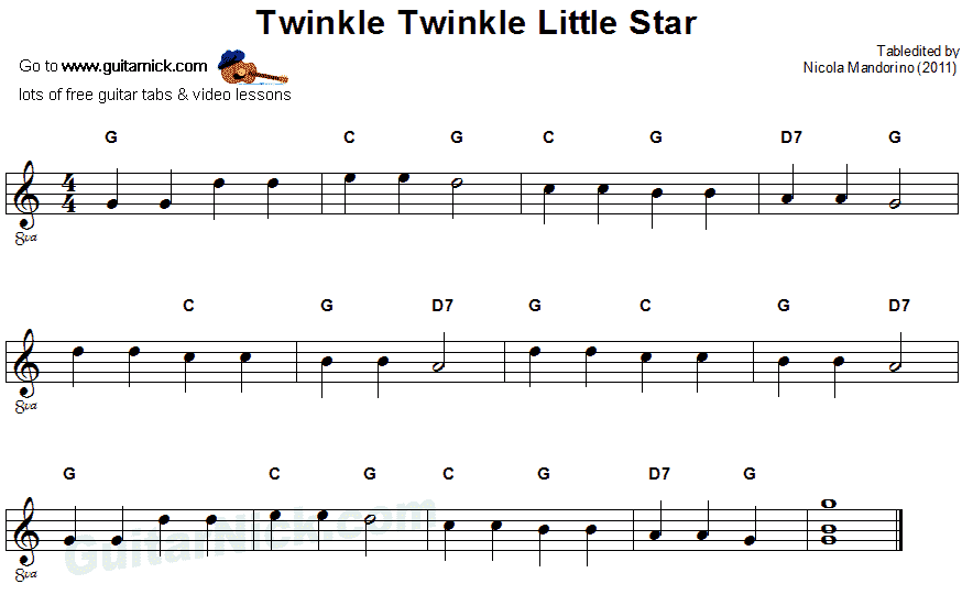 Twinkle Twinkle Little Star - easy guitar sheet music