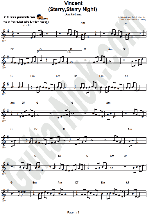 Vincent (Starry, Starry Night) - Don McLean | Easy Guitar Sheet Music