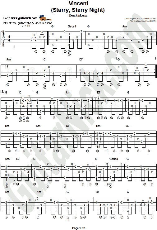 Vincent (Starry, Starry Night) - Don McLean | Fingerstyle Guitar Tab | PDF
