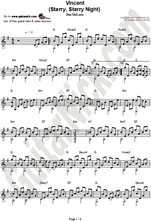 Vincent (Starry, Starry Night) - Don McLean |  Guitar Chords Sheet Music