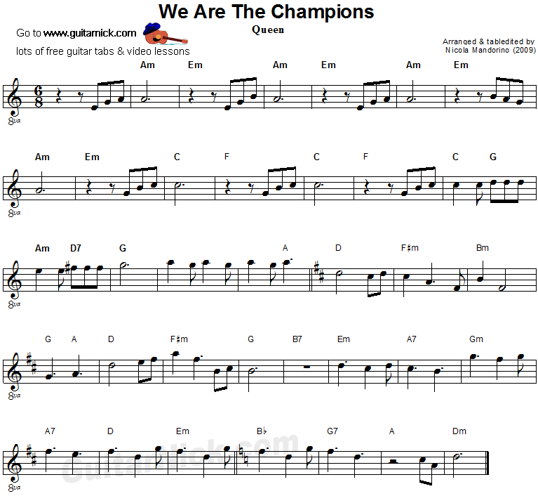 We Are The Champions - easy guitar sheet music