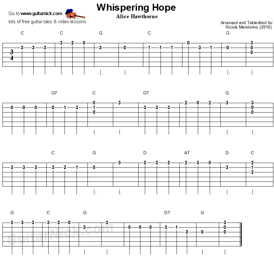 Whispering Hope - easy guitar tablature