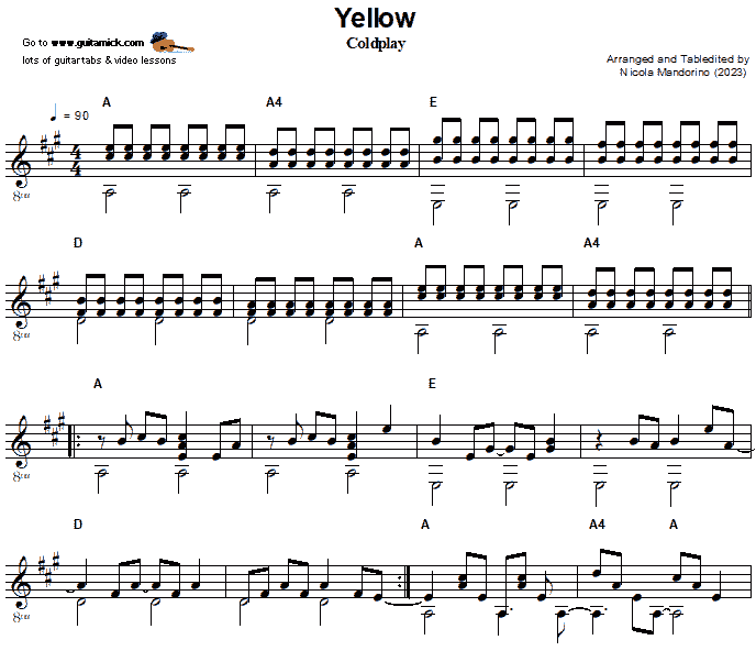 Yellow, Coldplay: Fingerstyle Guitar Sheet Music - PDF