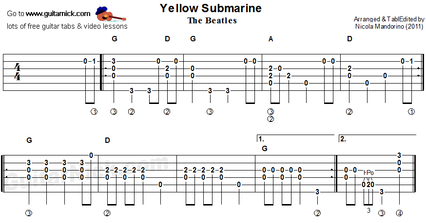 Yellow Submarine - acoustic guitar tab